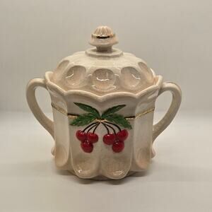 Vintage Westmoreland Milk Glass Hand Painted Cherry Thumbprint Panel Cookie Jar